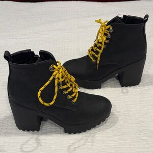 Seven7 Black Lace Up Flatiron Lug Boots with Yellow Laces
